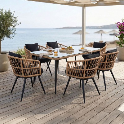 Τραπεζαρία Naoki σετ 7 τεμ pakoworld μέταλλο μαύρο-pe φυσικό-γυαλί 160x90x78εκ