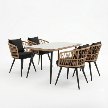 Τραπεζαρία Naoki σετ 5 τεμ pakoworld γυάλινο- pe rattan σε φυσική απόχρωση με μαυρα πόδια 140x80x78εκ