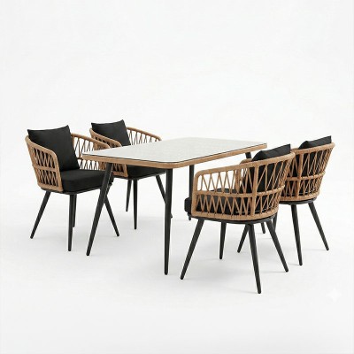 Τραπεζαρία Naoki σετ 5 τεμ pakoworld γυάλινο- pe rattan σε φυσική απόχρωση με μαυρα πόδια 140x80x78εκ