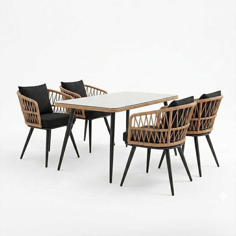 Τραπεζαρία Naoki σετ 5 τεμ pakoworld γυάλινο- pe rattan σε φυσική απόχρωση με μαυρα πόδια 140x80x78εκ