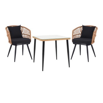 Τραπεζαρία Naoki σετ 3 τεμ pakoworld μέταλλο μαύρο-pe φυσικό-γυαλί 80x80x78εκ