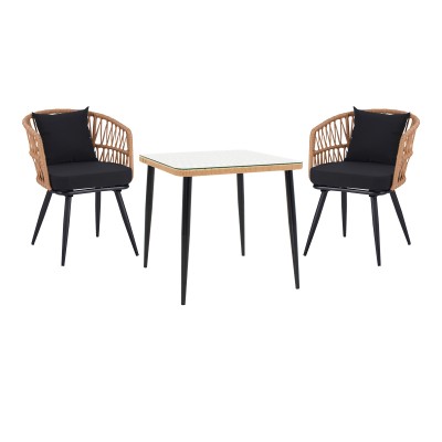 Τραπεζαρία Naoki σετ 3 τεμ pakoworld μέταλλο μαύρο-pe φυσικό-γυαλί 80x80x78εκ