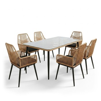 Τραπεζαρία Naoki-Tanish σετ 7τεμ pakoworld μέταλλο μαύρο-pe φυσικό-γυαλί 160x90x78εκ