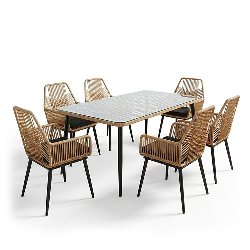 Τραπεζαρία Naoki-Tanish σετ 7τεμ pakoworld μέταλλο μαύρο-pe φυσικό-γυαλί 160x90x78εκ