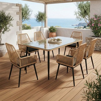 Τραπεζαρία Naoki-Tanish σετ 7τεμ pakoworld μέταλλο μαύρο-pe φυσικό-γυαλί 160x90x78εκ