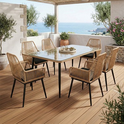 Τραπεζαρία Naoki-Tanish σετ 7τεμ pakoworld μέταλλο μαύρο-pe φυσικό-γυαλί 160x90x78εκ