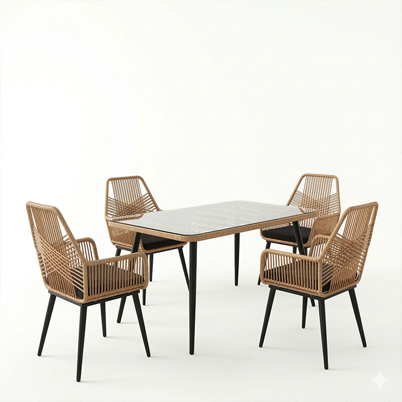 Τραπεζαρία Naoki-Tanish σετ 5 τεμ pakoworld γυάλινο- pe rattan σε φυσική απόχρωση με μαυρα πόδια 140x80x78εκ
