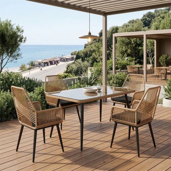 Τραπεζαρία Naoki-Tanish σετ 5 τεμ pakoworld γυάλινο- pe rattan σε φυσική απόχρωση με μαυρα πόδια 140x80x78εκ