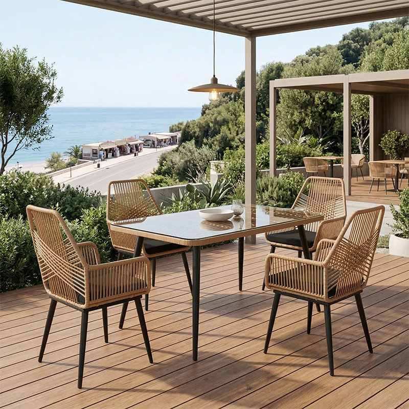 Τραπεζαρία Naoki-Tanish σετ 5 τεμ pakoworld γυάλινο- pe rattan σε φυσική απόχρωση με μαυρα πόδια 140x80x78εκ