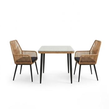 Τραπεζαρία Naoki-Tanish σετ 3 τεμ pakoworld μέταλλο μαύρο-pe φυσικό-γυαλί 80x80x78εκ