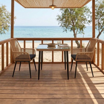 Τραπεζαρία Naoki-Tanish σετ 3 τεμ pakoworld μέταλλο μαύρο-pe φυσικό-γυαλί 80x80x78εκ