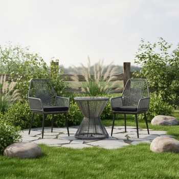 Πολυθρόνα Tanish pakoworld pe rattan σε γκρι απόχρωση με μαύρα μεταλλικά πόδια 58x58.5x87εκ