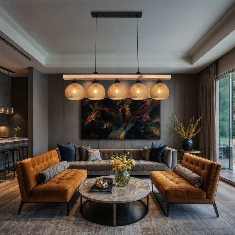 Φωτιστικό οροφής πεντάφωτο Salote pakoworld Ε27 σε καφέ-φυσική απόχρωση 100x18x24εκ