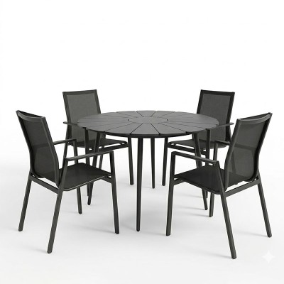 Τραπεζαρία Pinap-Dashiell σετ 5τεμ pakoworld μαύρο αλουμίνιο και plywood σε μαύρη απόχρωση Φ110x74εκ