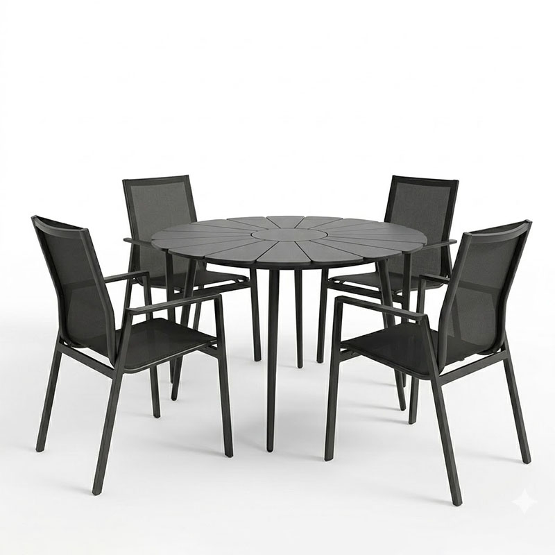 Τραπεζαρία Pinap-Dashiell σετ 5τεμ pakoworld μαύρο αλουμίνιο και plywood σε μαύρη απόχρωση Φ110x74εκ