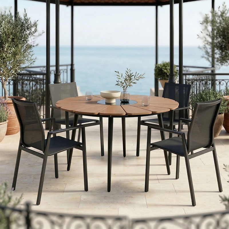 Τραπεζαρία Pinap-Dashiell σετ 5τεμ pakoworld μαύρο αλουμίνιο και plywood σε φυσική απόχρωση Φ110x74εκ