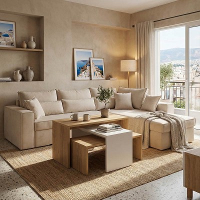 Γωνιακός καναπές-κρεβάτι αναστρέψιμος Venzie pakoworld ύφασμα σε μπεζ απόχρωση 283x214x83εκ