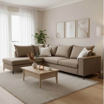 Γωνιακός καναπές δεξιά γωνία Romantic pakoworld ύφασμα mocha-cream 290x235x95εκ