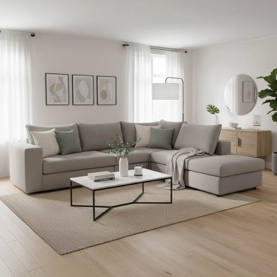 Πολυμορφικός-αναστρέψιμος καναπές London pakoworld γκρι ύφασμα με μαξιλάρια σε απόχρωση ανοιχτό γκρι 296x246x95εκ