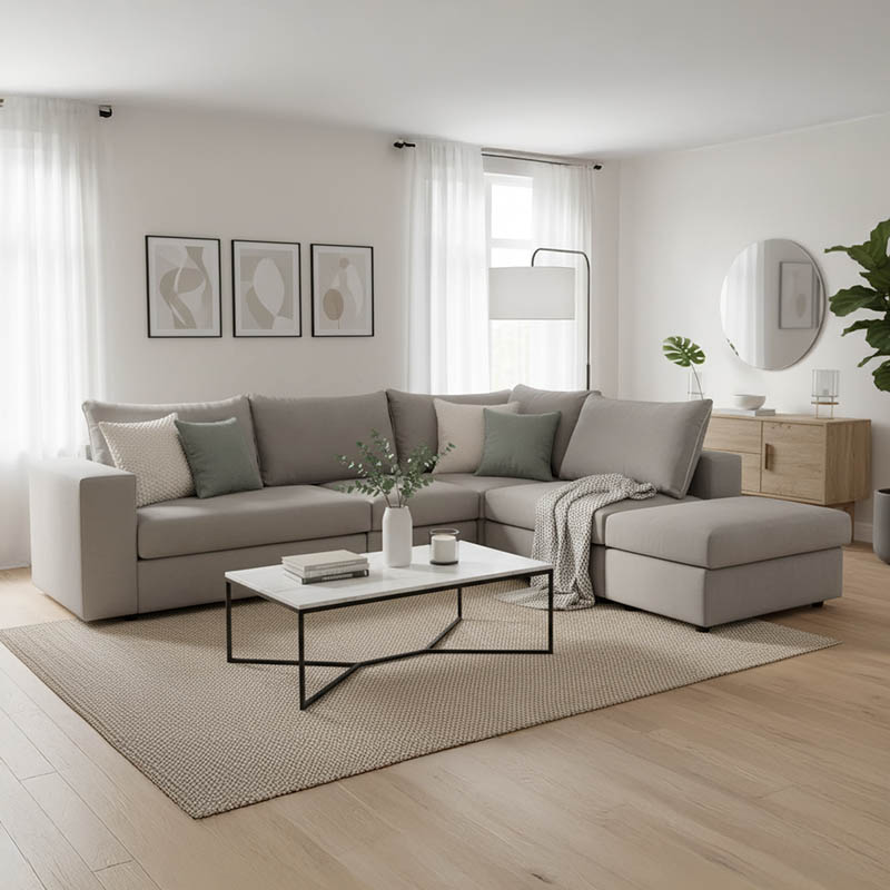 Πολυμορφικός-αναστρέψιμος καναπές London pakoworld γκρι ύφασμα με μαξιλάρια σε απόχρωση ανοιχτό γκρι 296x246x95εκ