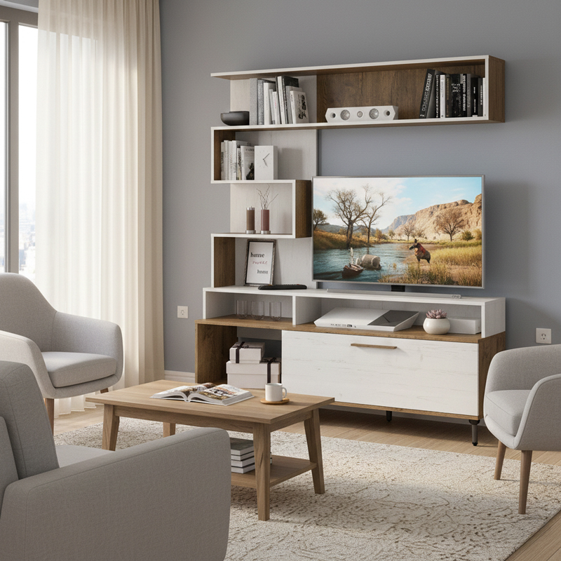 Σύνθετο σαλονιού Jasper pakoworld καρυδί-αντικέ λευκό 151.5x37.5x169.5εκ