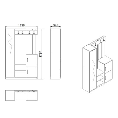 Έπιπλο εισόδου Saron με καθρέπτη pakoworld σε oak-ανθρακί απόχρωση 113,6x37,5x180εκ