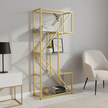 Ραφιέρα Aylan pakoworld γυαλί - μέταλλο σε χρυσή απόχρωση 100x30x177εκ