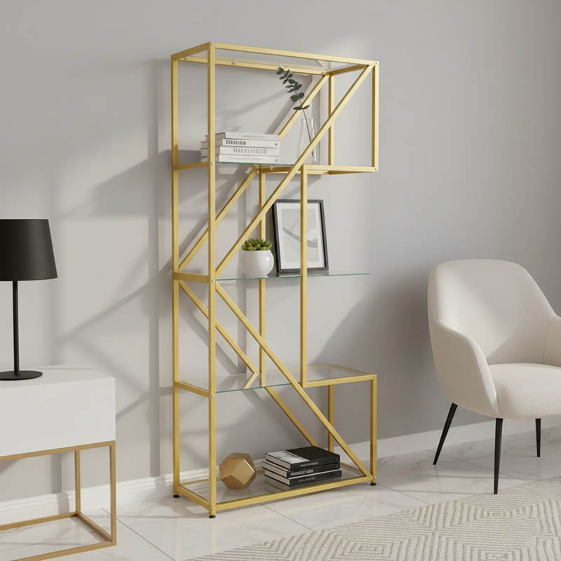 Ραφιέρα Aylan pakoworld γυαλί - μέταλλο σε χρυσή απόχρωση 100x30x177εκ