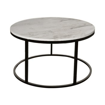 Τραπέζι σαλονιού Sikele pakoworld λευκή όψη μαρμάρου και μαύρα μεταλλικά πόδια Φ60x40εκ