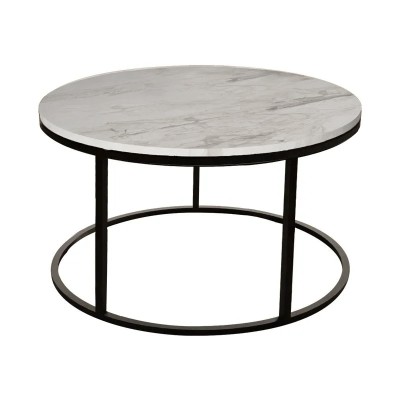 Τραπέζι σαλονιού Sikele pakoworld λευκή όψη μαρμάρου και μαύρα μεταλλικά πόδια Φ60x40εκ