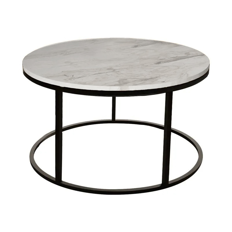 Τραπέζι σαλονιού Sikele pakoworld λευκή όψη μαρμάρου και μαύρα μεταλλικά πόδια Φ60x40εκ