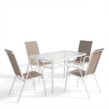 Τραπεζαρία Ensure-Calan I σετ 5τεμ pakoworld μέταλλο λευκό-καφέ textilene 120x70x70εκ