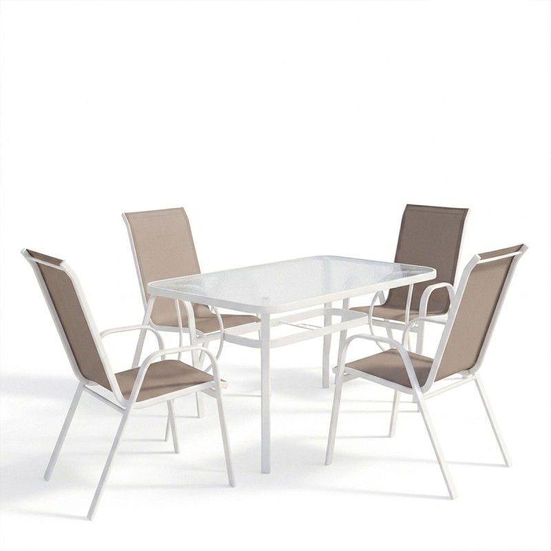 Τραπεζαρία Ensure-Calan I σετ 5τεμ pakoworld μέταλλο λευκό-καφέ textilene 120x70x70εκ