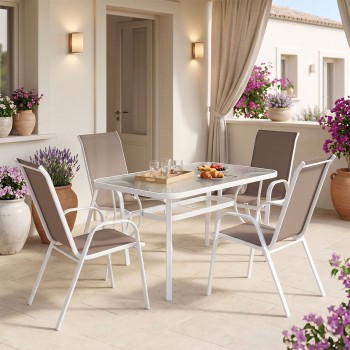 Τραπεζαρία Ensure-Calan I σετ 5τεμ pakoworld μέταλλο λευκό-καφέ textilene 120x70x70εκ