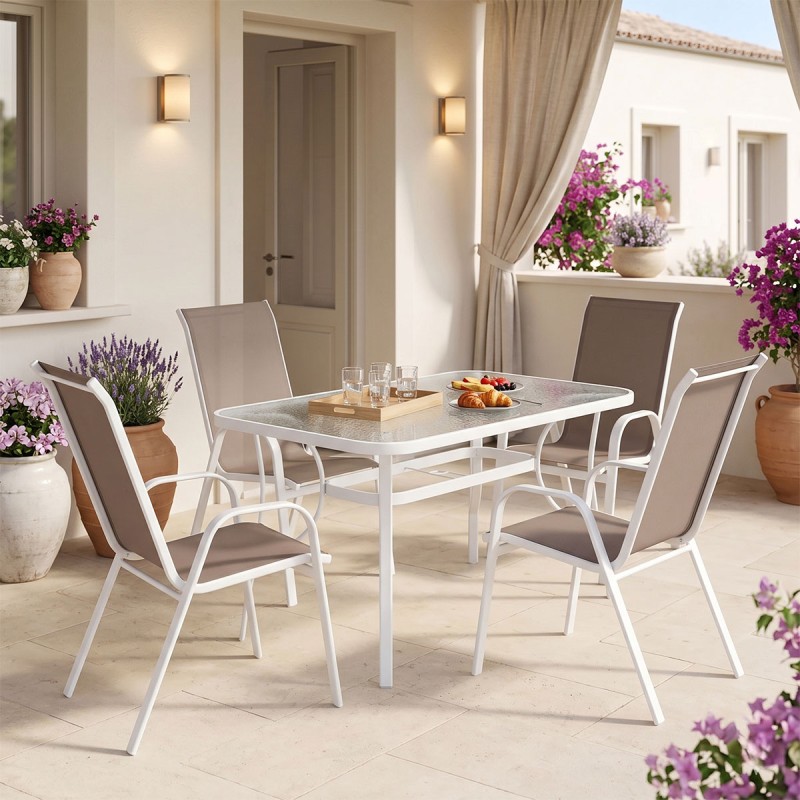 Τραπεζαρία Ensure-Calan I σετ 5τεμ pakoworld μέταλλο λευκό-καφέ textilene 120x70x70εκ