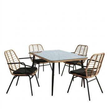 Τραπεζαρία Naoki A pakoworld σετ 5 τμχ rattan φυσικό-μαύρο μέταλλο-γυαλί 160x90x78εκ