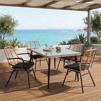 Τραπεζαρία Naoki A pakoworld σετ 5 τμχ rattan φυσικό-μαύρο μέταλλο-γυαλί 160x90x78εκ