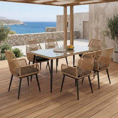 Τραπεζαρία Naoki-Tanish pakoworld σετ 7 τμχ rattan φυσικό-μαύρο μέταλλο-γυαλί 160x90x78εκ