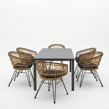 Τραπεζαρία Naoki-Kliton B σετ 7τεμ pakoworld ανθρακί αλουμίνιο και pe rattan σε φυσική απόχρωση 150x80x74εκ