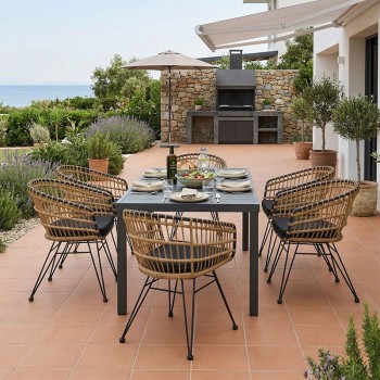 Τραπεζαρία Naoki-Kliton B σετ 7τεμ pakoworld ανθρακί αλουμίνιο και pe rattan σε φυσική απόχρωση 150x80x74εκ