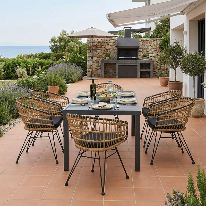 Τραπεζαρία Naoki-Kliton B σετ 7τεμ pakoworld ανθρακί αλουμίνιο και pe rattan σε φυσική απόχρωση 150x80x74εκ