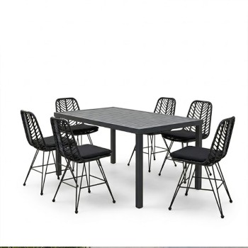 Τραπεζαρία Naoki-Kliton II σετ 7τεμ pakoworld ανθρακί αλουμίνιο και pe rattan σε μαύρη απόχρωση 150x80x74εκ