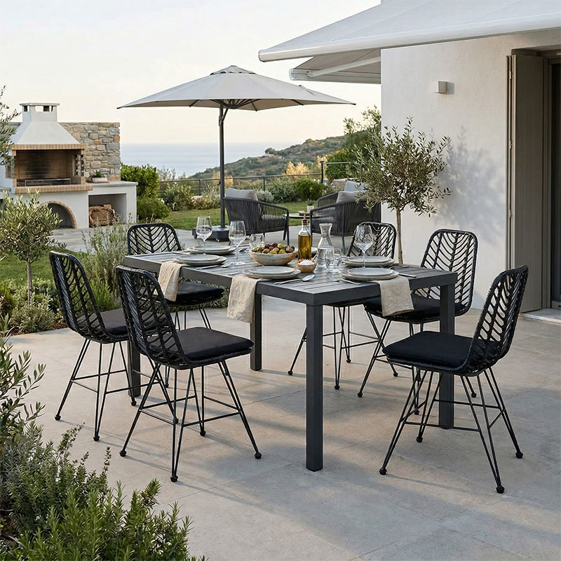 Τραπεζαρία Naoki-Kliton II σετ 7τεμ pakoworld ανθρακί αλουμίνιο και pe rattan σε μαύρη απόχρωση 150x80x74εκ