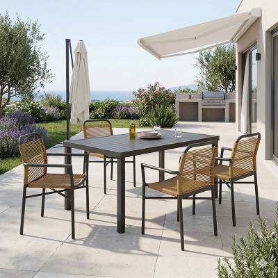 Τραπεζαρία Clutch -Kliton A σετ 5τεμ pakoworld ανθρακί αλουμίνιο και pe rattan σε φυσική απόχρωση150x80x74εκ