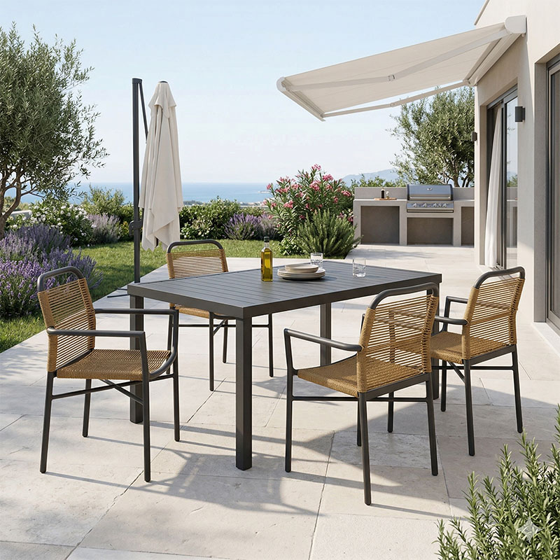 Τραπεζαρία Clutch -Kliton A σετ 5τεμ pakoworld ανθρακί αλουμίνιο και pe rattan σε φυσική απόχρωση150x80x74εκ