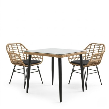 Τραπεζαρία Naoki V σετ 3τεμ pakoworld rattan pe σε φυσική απόχρωση και μαύρο μέταλλο 80x80x78εκ