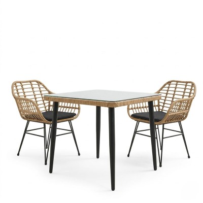 Τραπεζαρία Naoki V σετ 3τεμ pakoworld rattan pe σε φυσική απόχρωση και μαύρο μέταλλο 80x80x78εκ