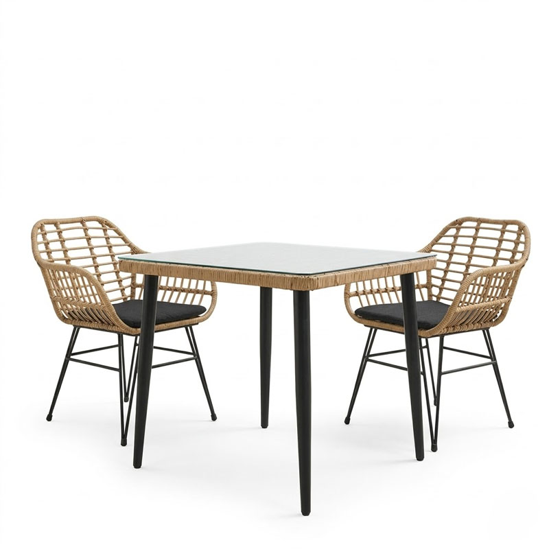 Τραπεζαρία Naoki V σετ 3τεμ pakoworld rattan pe σε φυσική απόχρωση και μαύρο μέταλλο 80x80x78εκ