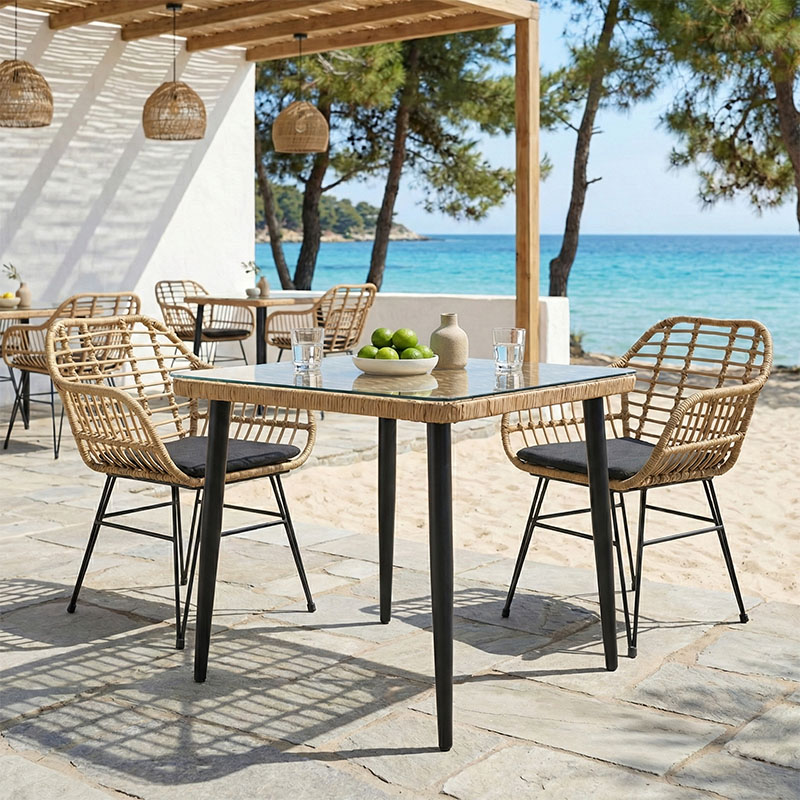 Τραπεζαρία Naoki V σετ 3τεμ pakoworld rattan pe σε φυσική απόχρωση και μαύρο μέταλλο 80x80x78εκ