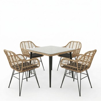 Τραπεζαρία Naoki V σετ 5τεμ pakoworld rattan pe σε φυσική απόχρωση και μαύρο μέταλλο 80x80x78εκ